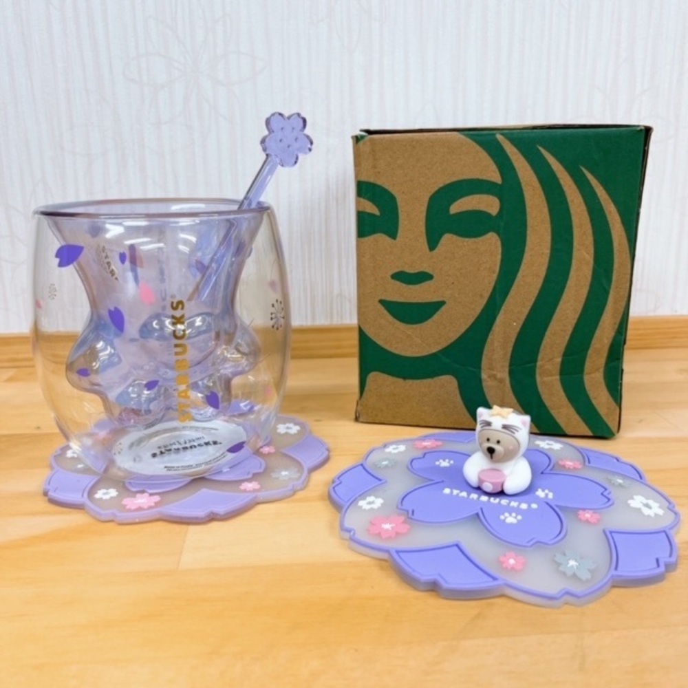 4 in 1 Set Starbucks Cherry Blossom Cup, coaster, lid and glass stirrer